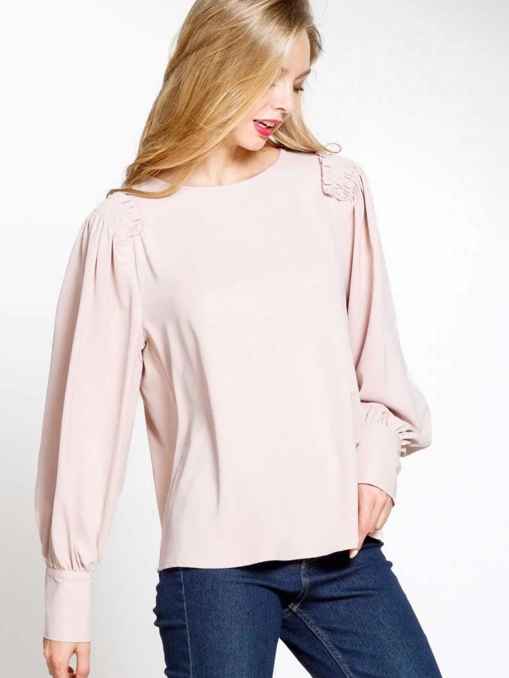 041. Women's Blush Pink smocked shoulder Long Sleeve Blouse, various sizes